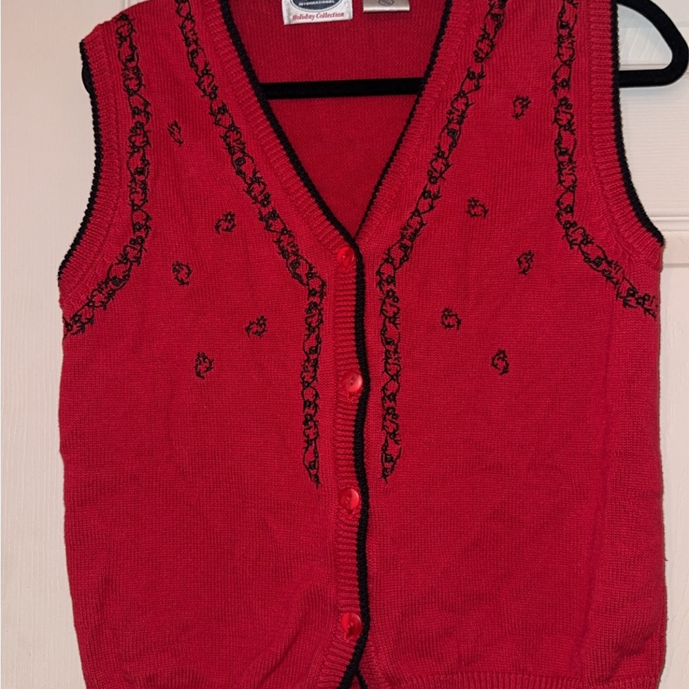 Embroidered Red Button-Front Knit Vest